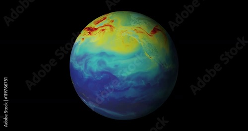 Earth Global Warming. Rotating earth globe showing concentration of carbon dioxide in the atmosphere. Built using animation by NASA's Goddard Space Flight Center.