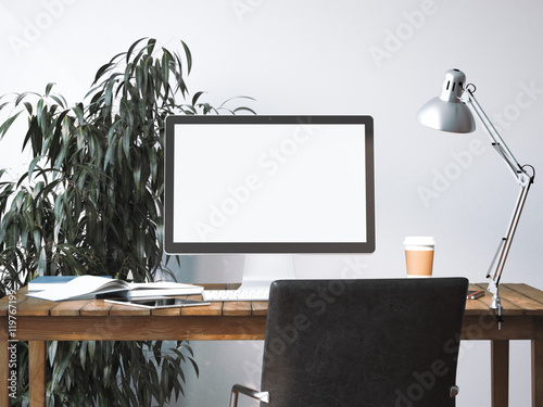 Workspace with blank screen. 3d rendering