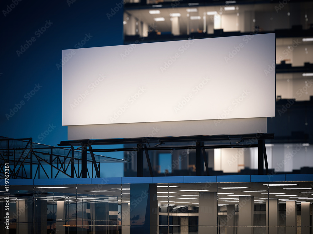 Blank billboard standing on a office building at night. 3d rendering Blank billboard standing on a office building at night. 3d rendering