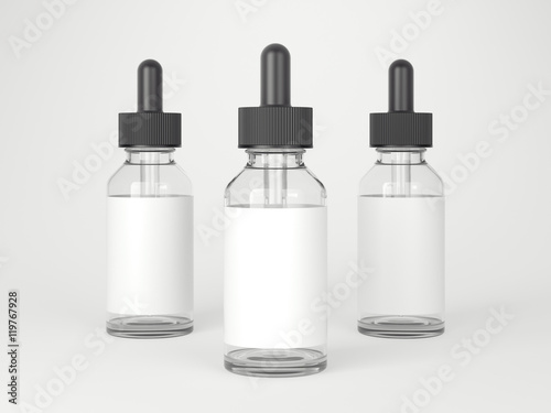 Three white glass bottles with labels. 3d rendering