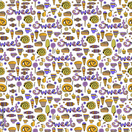 Hand drawn sweets and candies set. Colorful Vector Seamless Pattern.