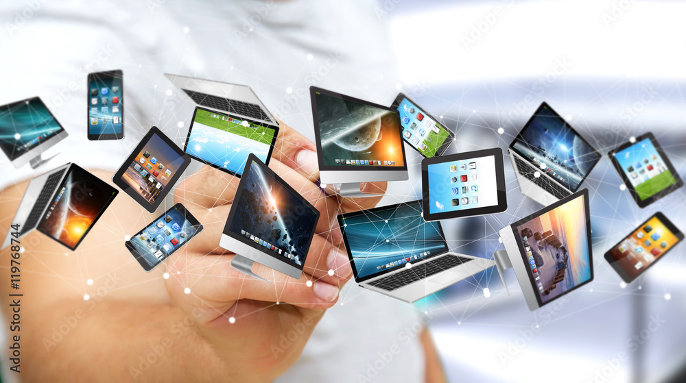 Businessman connecting tech devices with a pen ‘3D rendering Businessman connecting tech devices with a pen ‘3D rendering