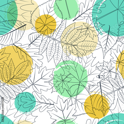 Vector autumn leaves and colorful watercolor blots seamless pattern. Black an...