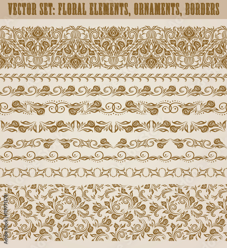 Set of lace borders for design ornate invitation, greeting, wedding, gift card, certificate, diploma, voucher. Seamless floral damask ornament. Page decoration in vintage style. Vector illustration.
