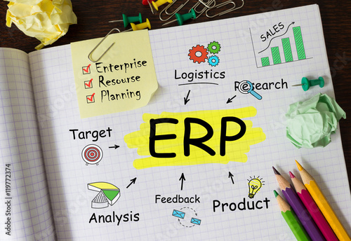 Notebook with Toolls and Notes about ERP,concept photo