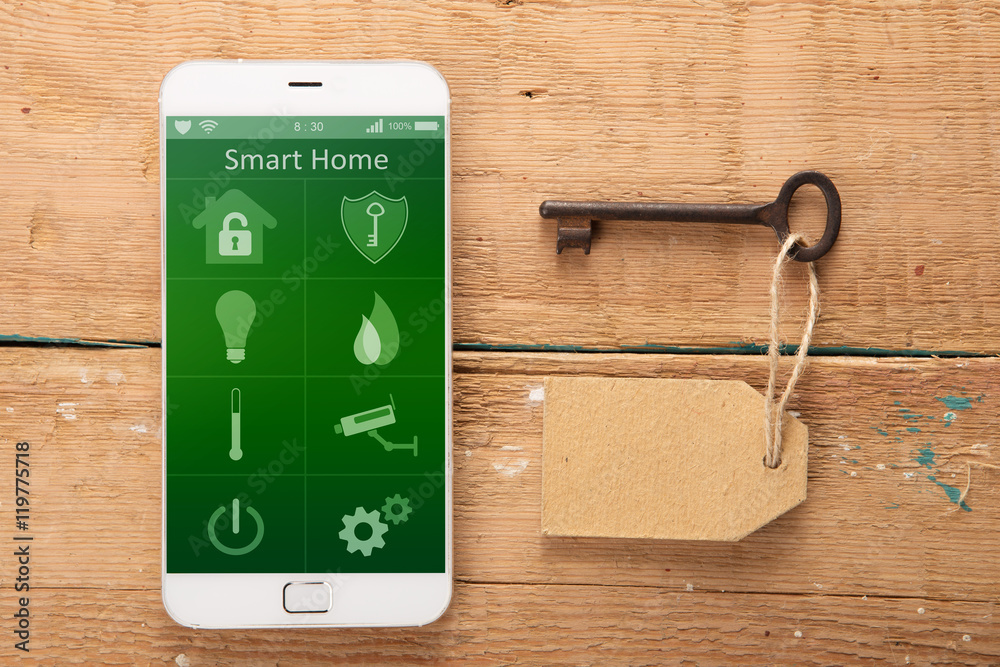 Smartphone with smart home app on the wooden desk