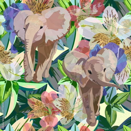 Abstract watercolor draw of  Two baby elephants, tropical flowers, green leaves, background colorful rainforest,