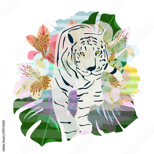 Fototapeta Naklejka Na Ścianę i Meble -  Abstract watercolor pattern tiger, floral colorful floral background with striped spots green leaves