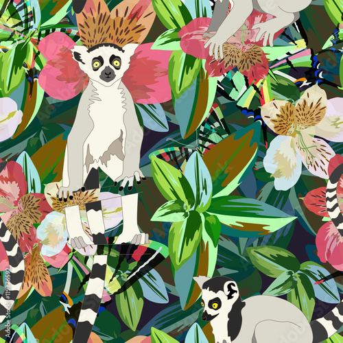 Abstract watercolor draw two lemur striped white black, background tropical forest,