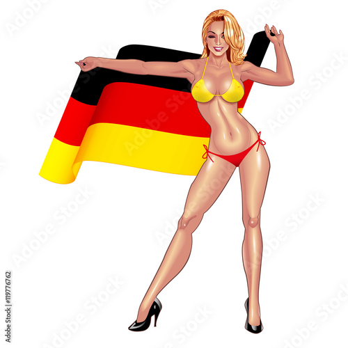 Beautiful lady in bikini with waving Germany flag isolated on white background.