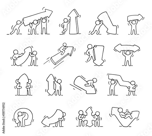 Cartoon icons set of sketch working little people with arrows.