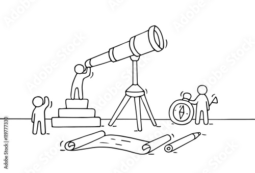 Sketch of working little people with spyglass
