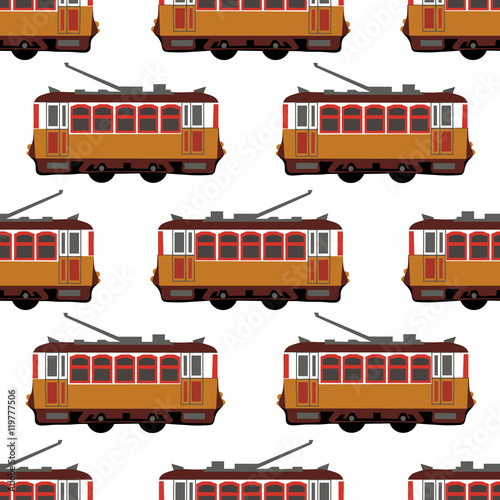 Lovely retro vector detailed tram car, side view, isolated, seamless. Ideal for urban lifestyle, touristic and sightseeing graphic and web design