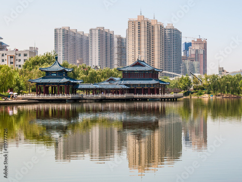 The artificial lake of the Yantan Park in Lanzhou (China) photo