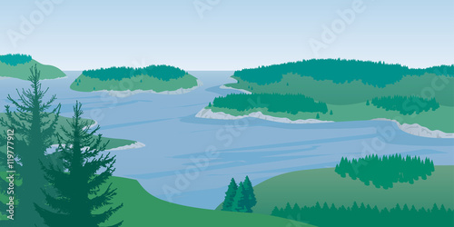 North, Scandinavian, Karelian landscape, Lake Ladoga. Wild cold nature, archipelago of many islands. Spruce, pine, forest, stones, clean wildlife. Travel vector background for design and printing.