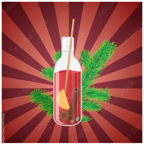 Vector illustration of mulled wine in a bottle with Christmas tree branch