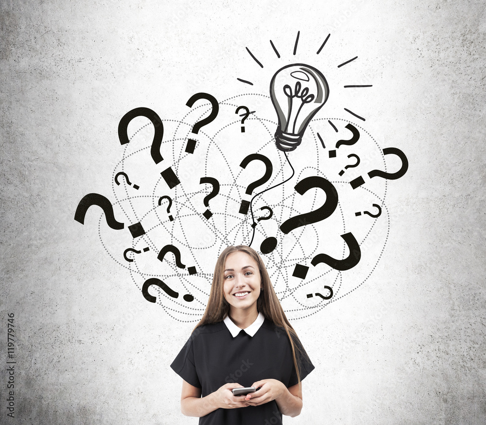 Girl and light bulb and question mark sketch Girl and light bulb and question mark sketch