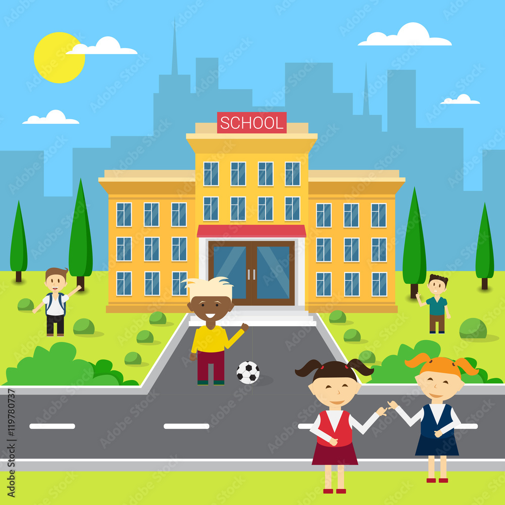 Schoolchildren Group Near School Building Exterior Schoolchildren Group Near School Building Exterior