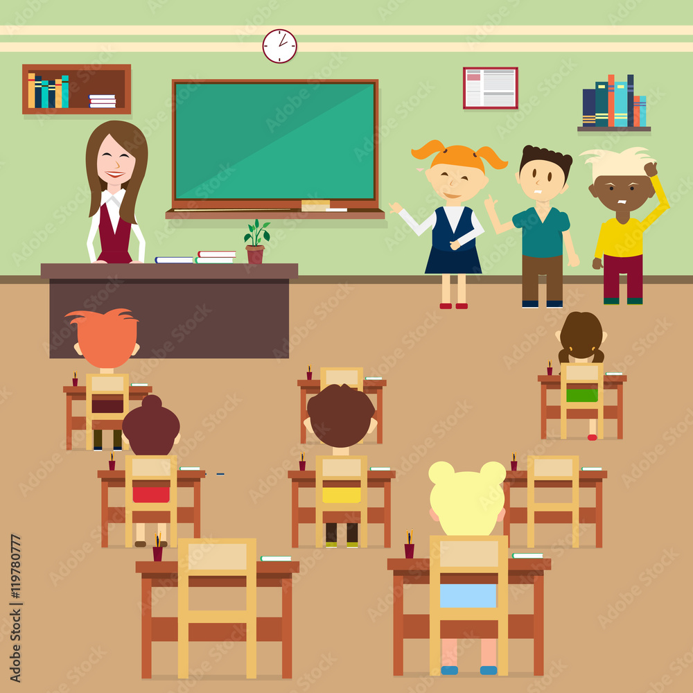School Lesson Pupils And Teacher In Class Room Interior