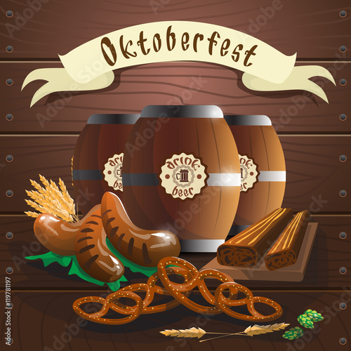 Beer Barrel With Sausage Pretzel Oktoberfest Festival Banner