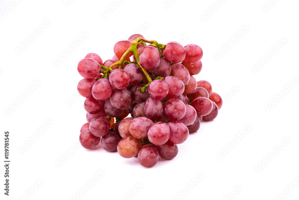 Bunch of red grapes , fresh with water drops. Isolated on white