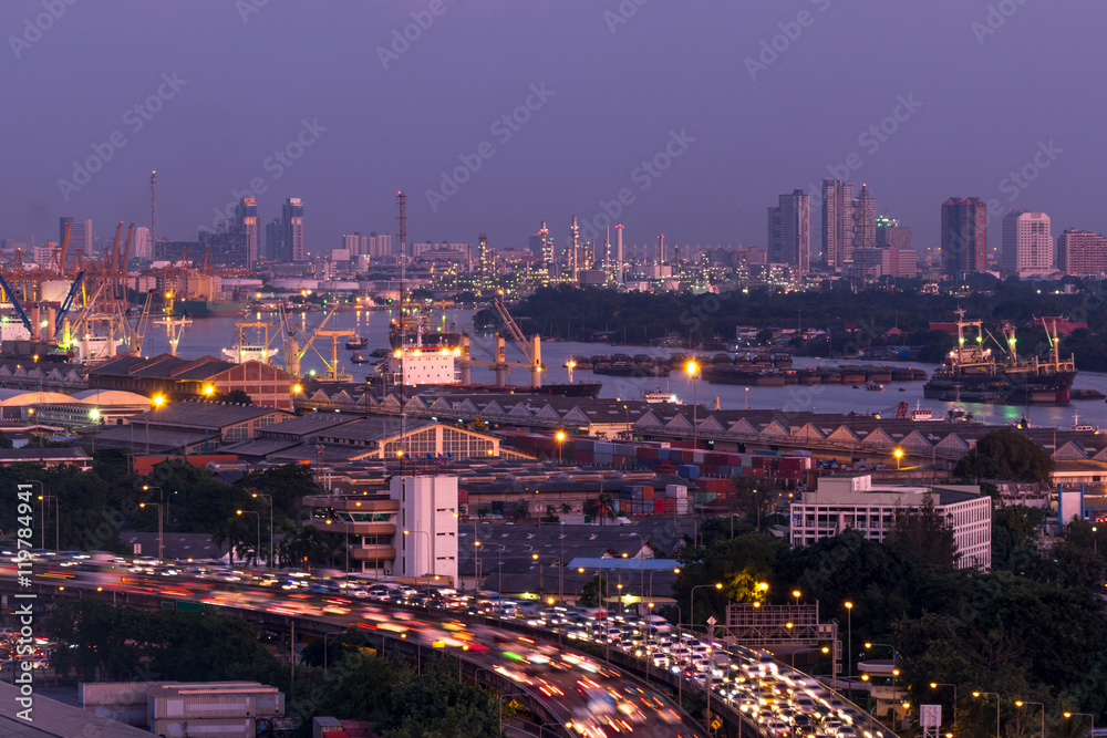 Evening sky Bangkok city with harbor