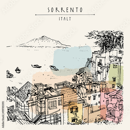 Sorrento, Italy, Europe. Above view. Vesuvio volcano, trees, sea. Sketchy line art. Artistic illustration drawing. Hand lettering. Touristic postcard poster template, book illustration photo