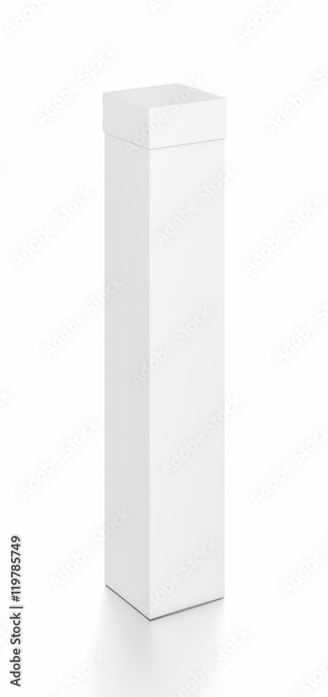 White tall vertical rectangle blank box with cover from top front side angle. White tall vertical rectangle blank box with cover from top front side angle.