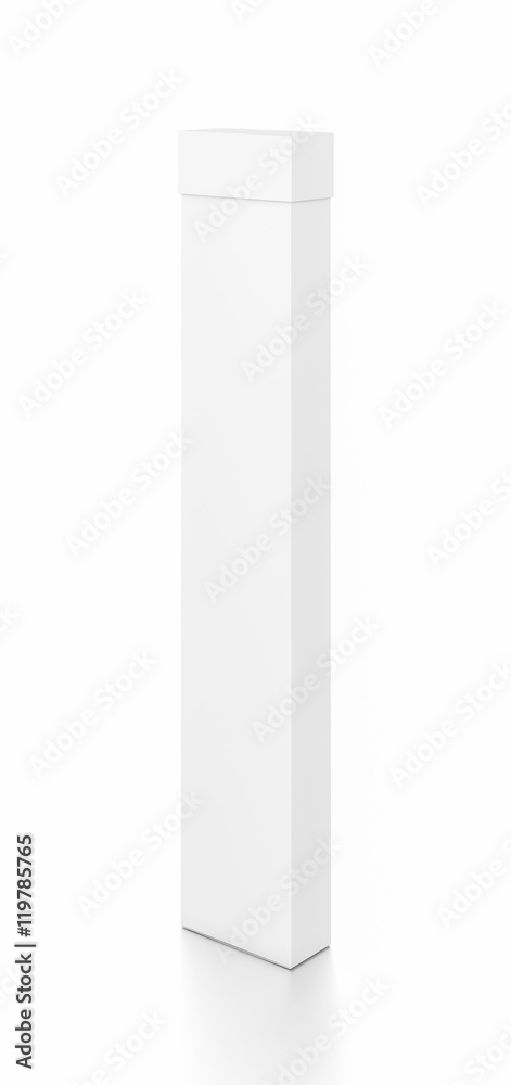 White tall thin vertical rectangle blank box with cover from side angle. White tall thin vertical rectangle blank box with cover from side angle.