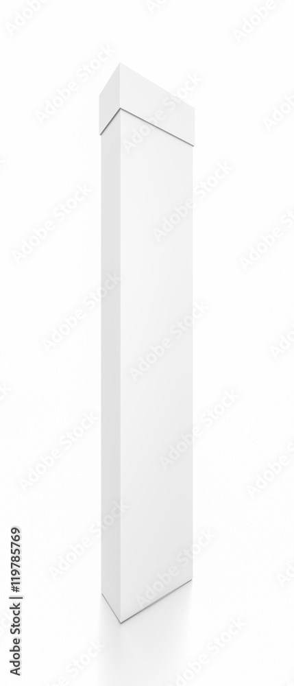 White tall thin vertical rectangle blank box with cover from front side angle. White tall thin vertical rectangle blank box with cover from front side angle.
