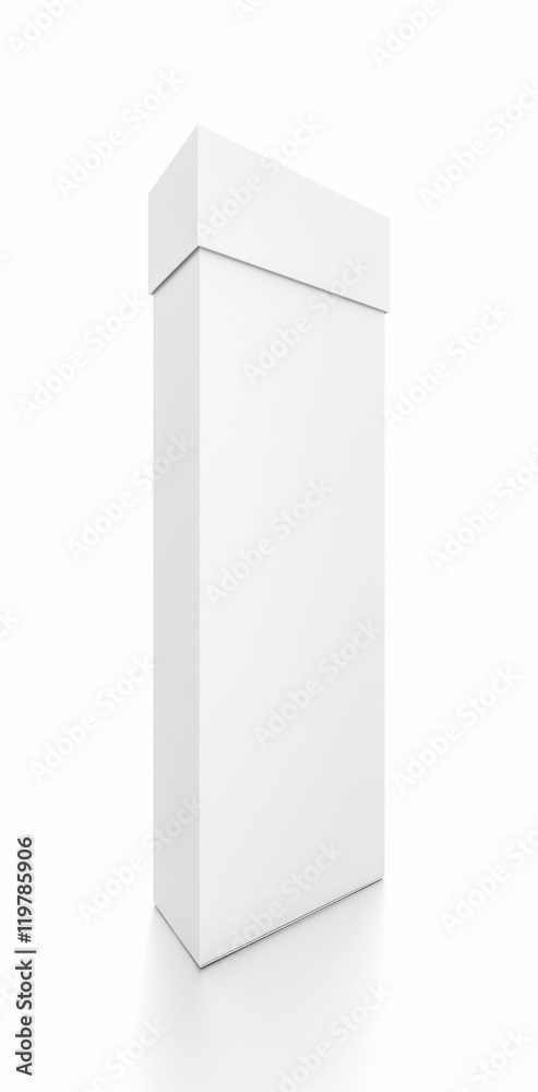 White tall thin vertical rectangle blank box with cover from front side angle. White tall thin vertical rectangle blank box with cover from front side angle.