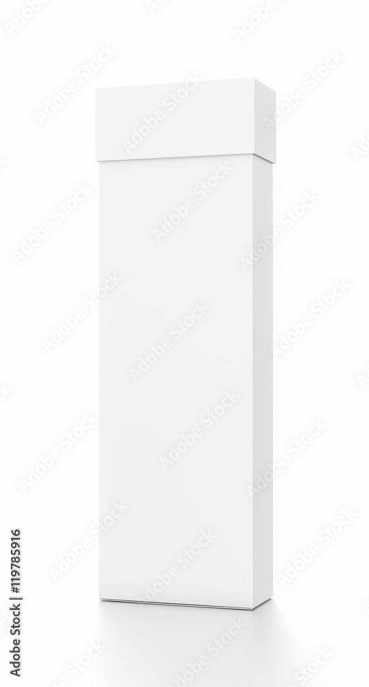 White tall thin vertical rectangle blank box with cover from front far side angle.