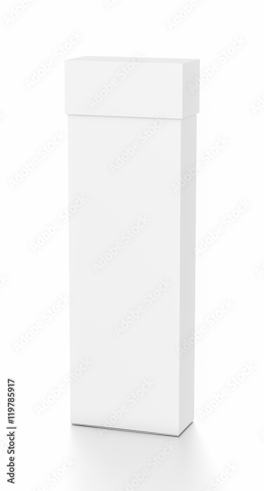 White tall thin vertical rectangle blank box with cover from top front far side angle. White tall thin vertical rectangle blank box with cover from top front far side angle.