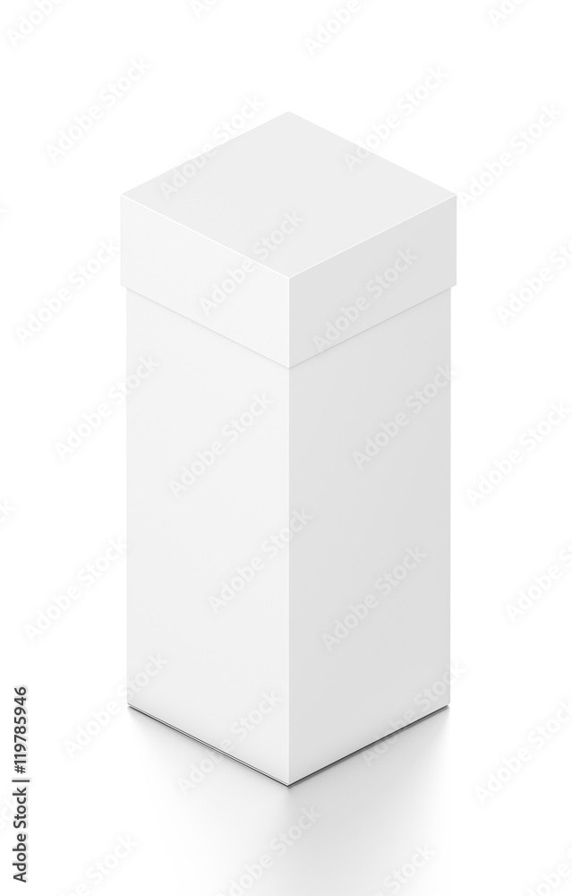 White vertical rectangle blank box with cover from isometric angle. White vertical rectangle blank box with cover from isometric angle.