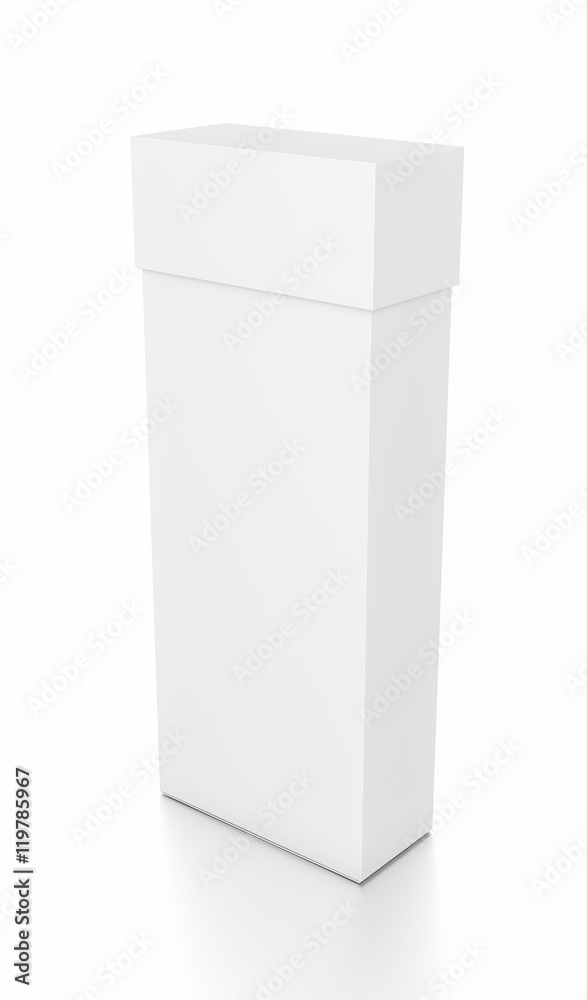 White thin vertical rectangle blank box with cover from top side angle.