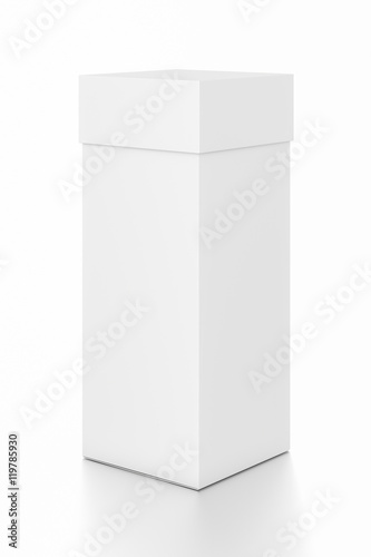 White vertical rectangle blank box with cover from side angle. © Mockup Cake