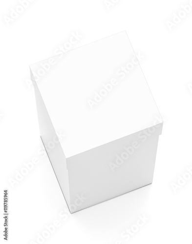 White vertical rectangle blank box with cover from top angle.