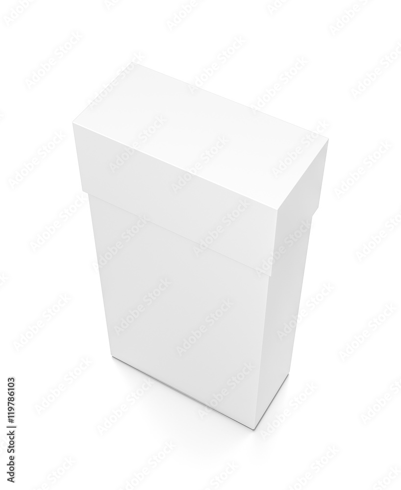 White thin vertical rectangle blank box with cover from top side angle. White thin vertical rectangle blank box with cover from top side angle.