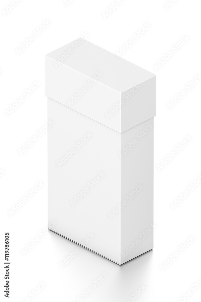 White thin vertical rectangle blank box with cover from isometric angle. White thin vertical rectangle blank box with cover from isometric angle.