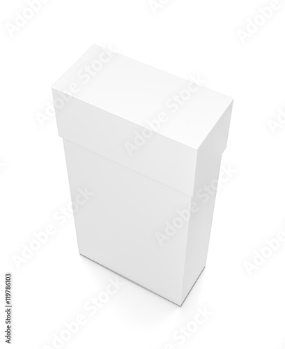 White thin vertical rectangle blank box with cover from top side angle.