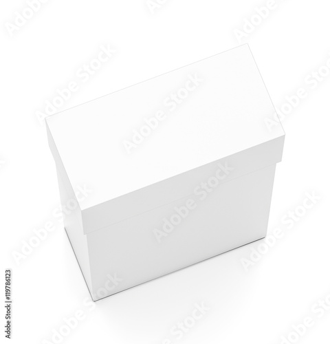 White thin vertical rectangle blank box with cover from top angle.