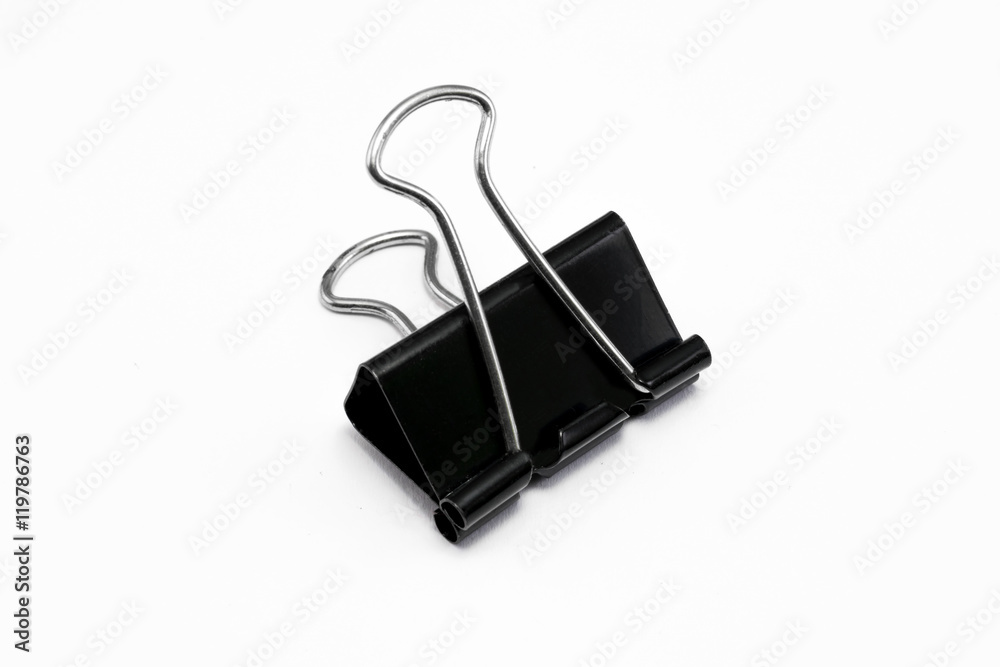 Black paperclip with isolated white background, office/business