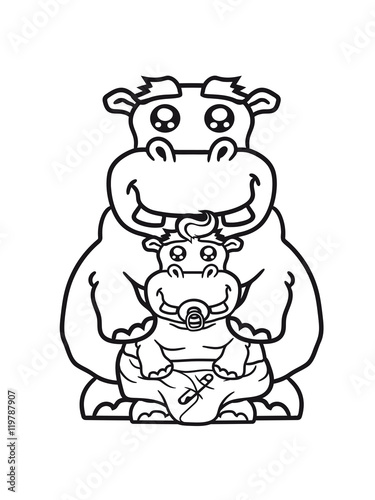 papa mama family offspring parent baby pacifier little funny sweet cute thick comic cartoon hippo hippopotamus fat photo