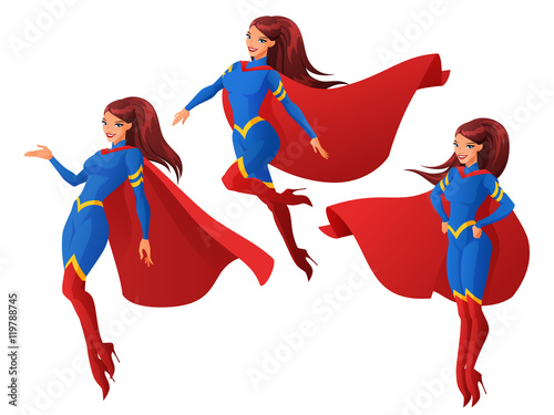 Vector set of women in blue and red superhero outfit in three different poses.