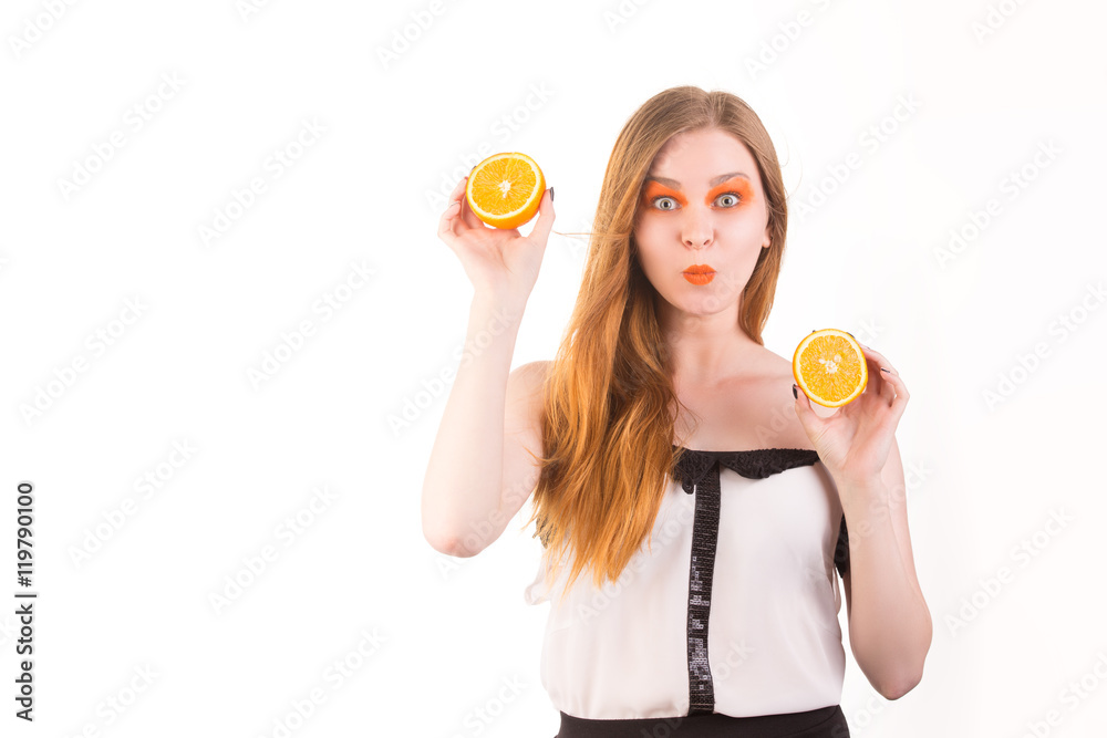 young woman with creative orange makeup and oops emotion young woman with creative orange makeup and oops emotion