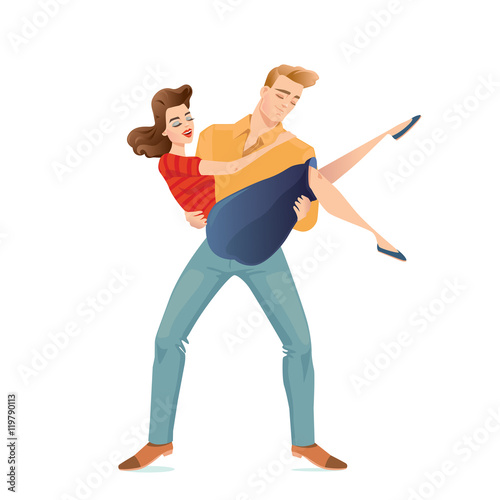 Couple dancing lindy hop,vintage vector illustration in cartoon style