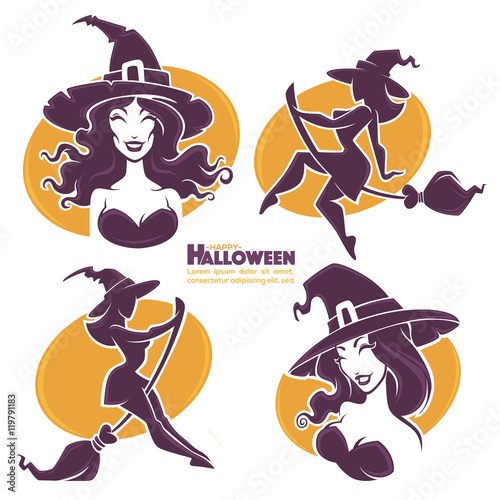 young happy and attractive witches, vector Halloween collection