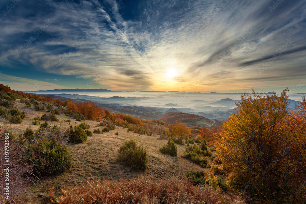 Mountain landscape in autumn at sunrise