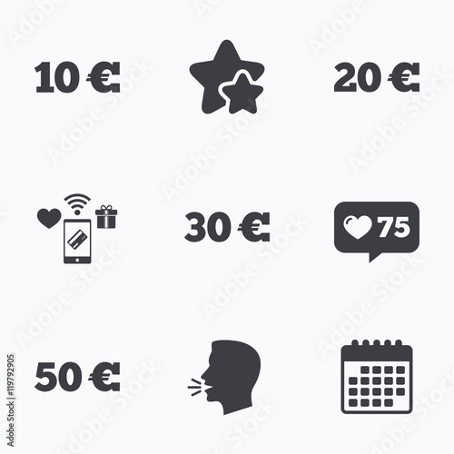 Money in Euro icons. Ten, twenty, fifty EUR.