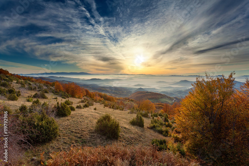 Mountain landscape in autumn at sunrise